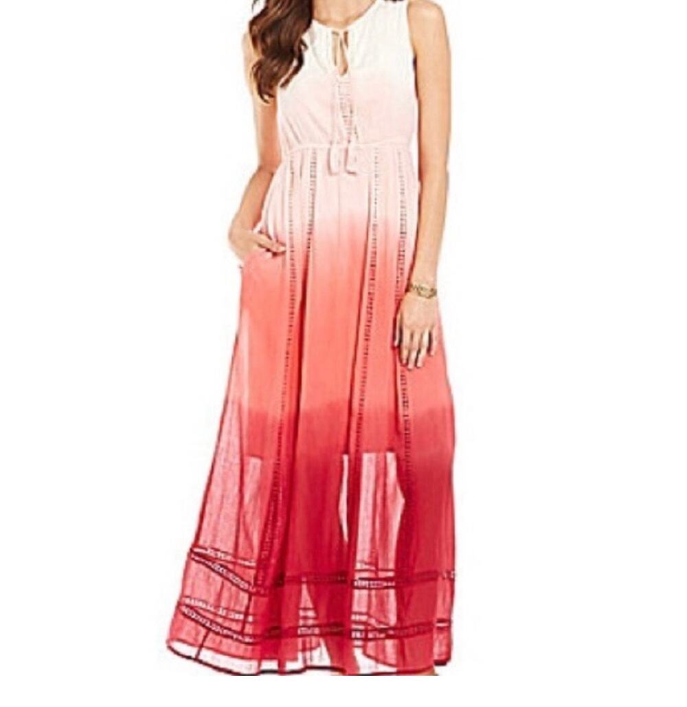 Tommy Bahama Ombre Dip Dye Maxi Dress Cotton Womens Small Pockets Pink Beachy